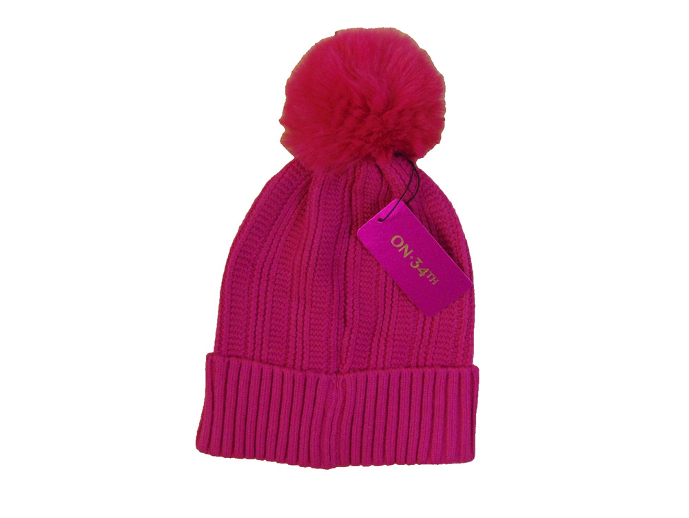 On 34th Ribbed Knit Cuffed Beanie Hot Pink Faux Fur Pom Pom One Size NWT Macys